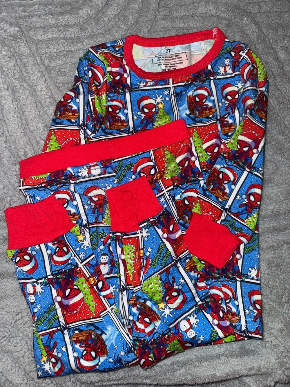 95% viscose from Bamboo 5% spandex Spiderman Christmas 2T